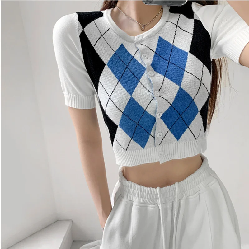 

TVVOVVIN модна Diamonds (бриллианты) решетки открытым пупком короткий свитер кардиган женское платье с круглым вырезом; Однобортное трикотажное То...