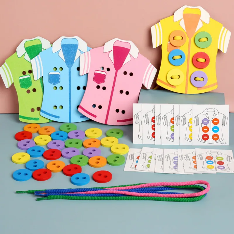 Детское раннее образование нить швейная кнопка игра деревянная игрушка Швейные