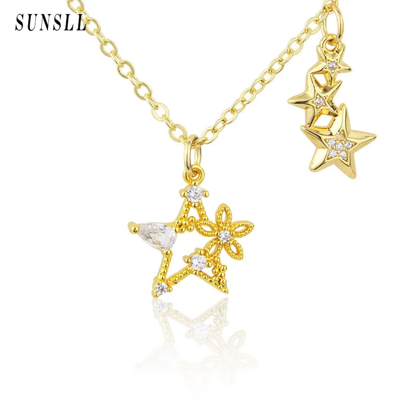 

SUNSLL New Arrived Hollow Stitching Stars And Flowers Fashion Necklace Gold-plated Inlaid With Colored Zircon Jewelry Gift