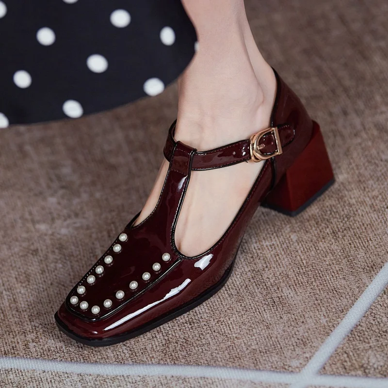 

Обувь из натуральной кожи, женские туфли-лодочки; Новая модная женская обувь 2021 сезон: весна-лето с Т-образным ремешком в британском ретро-об...