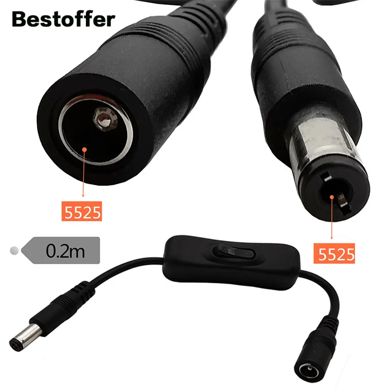 

0.2 Meters 3A DC 5.5mm x 2.1mm/2.5mm Male to Female With Switch Power Extension Cable