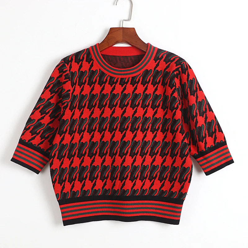 

Houndstooth Vintage Knitted Sweater Cardigan Women Single Breasted Casual O-Neck High Street Runway Brand Fashion Plaid Outwear