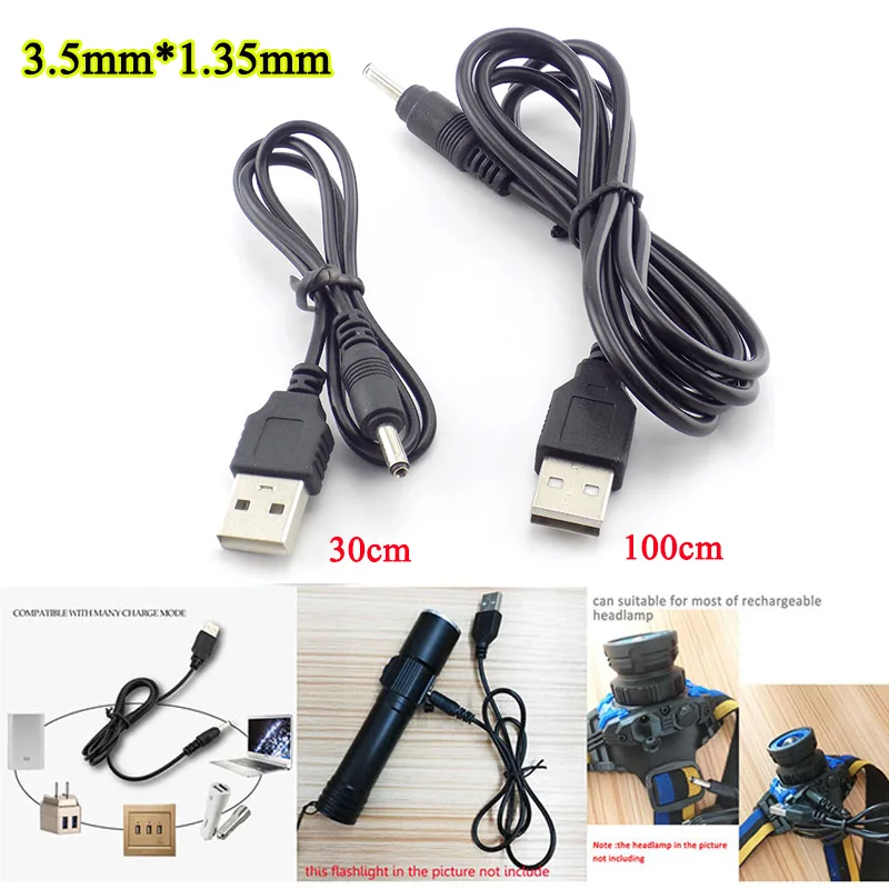 

3.5mm DC Power Cable Universal USB Charger Wire for 18650 Rechargeable Battery Headlamp Flashlight Torch Light Charging 30/100cm