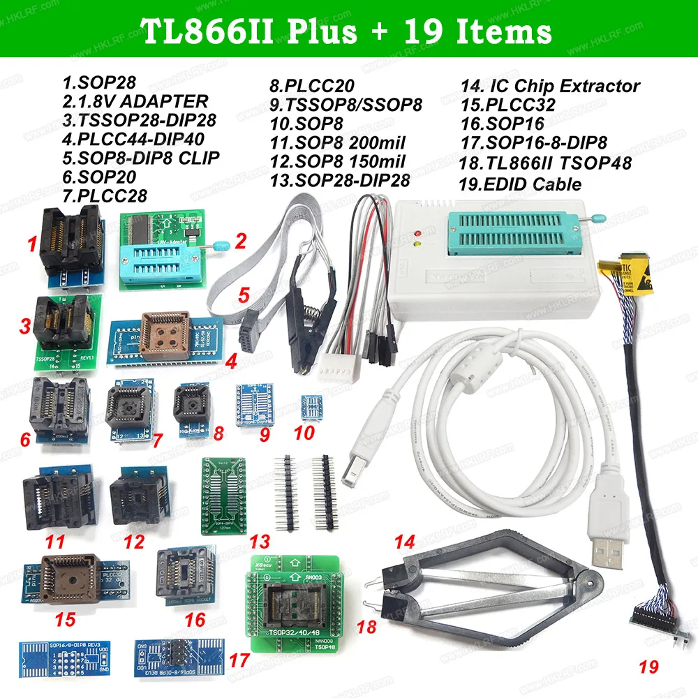 Оригинальный Новый программатор TL866II PLUS Universal Minipro USB + 19 элементов IC адаптеров