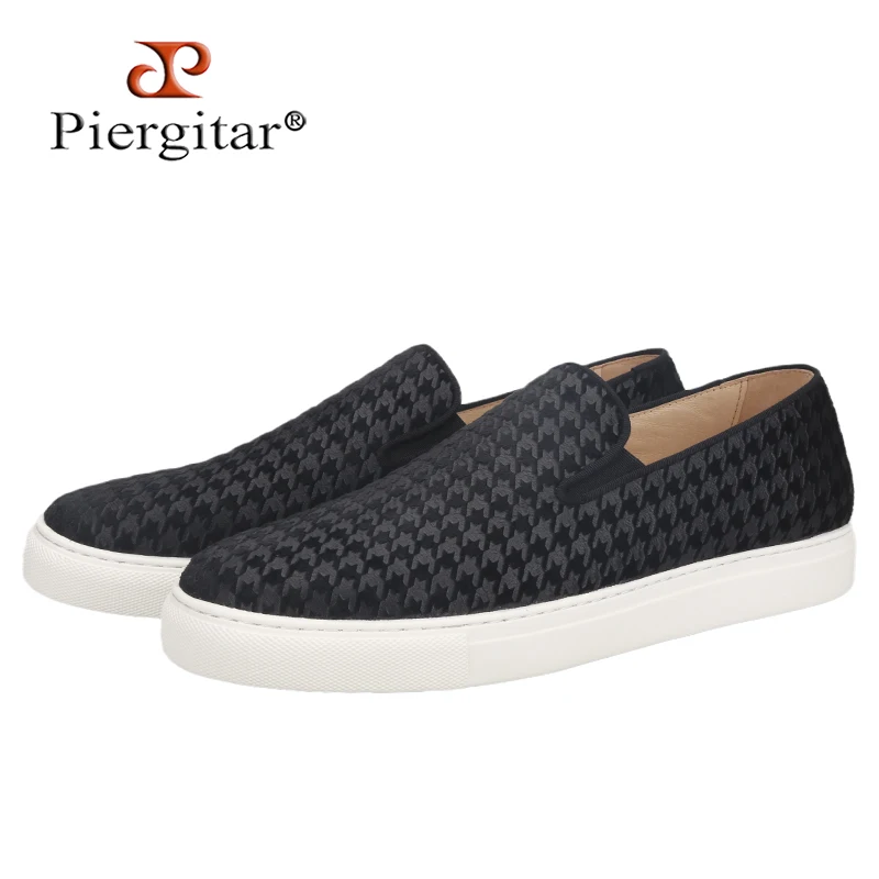 

Piergitar Houndstooth Embossed Velvet Men Sneakers Increase White Soles Handcrafted Men's Casual Shoes BreathableLeather Insole