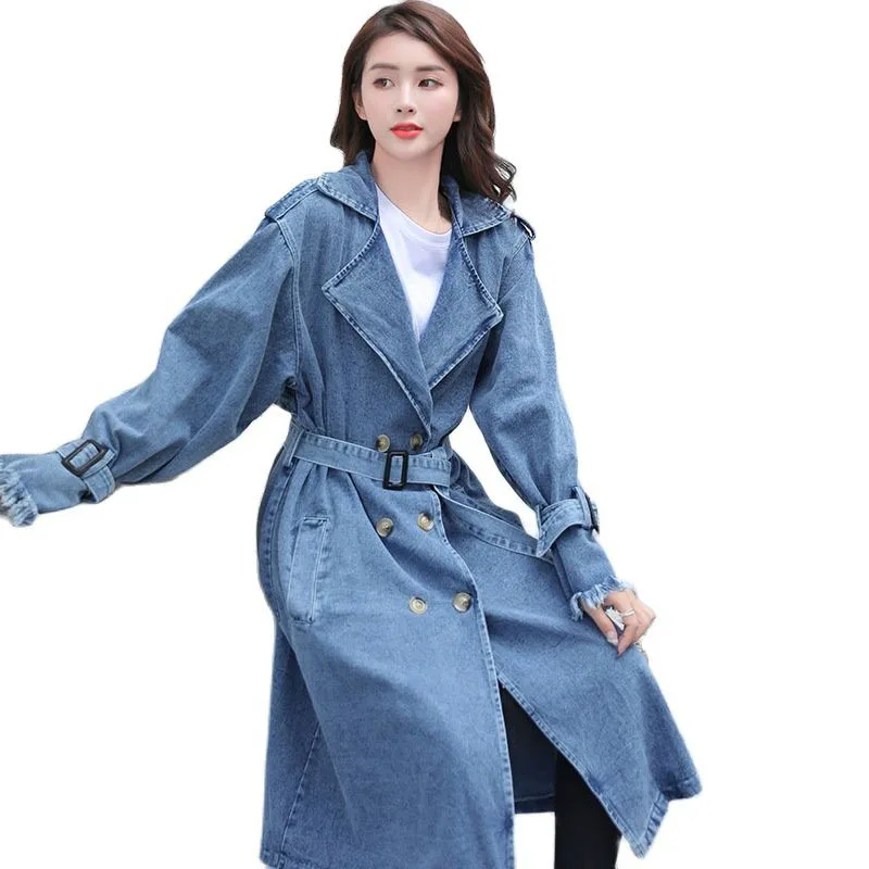 

Women Long Denim Jacket 2021 Female Spring Autumn Cowboy Windbreaker Women Large Size Loose Belt Double Breasted Cowboy Coat