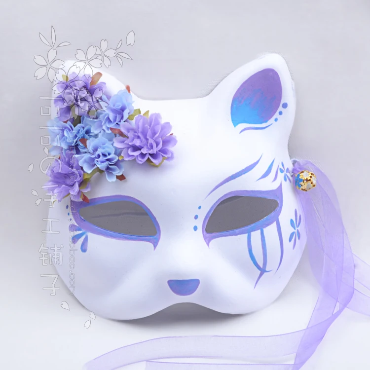 Kimono japonés de zorro y gato, máscara de anime pintada a mano, púrpura, azul, gradiente, campana de seda, cosplay