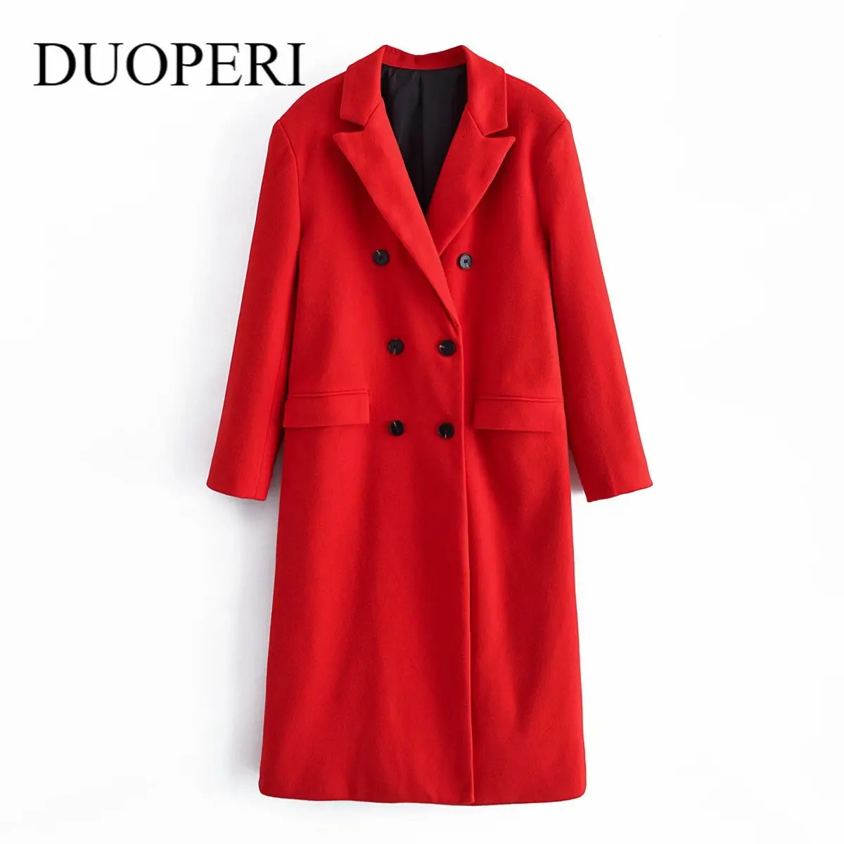 

DUOPERI женское модное красное твидовое двубортное длинное пальто с воротником с лацканами и длинными рукавами женская зимняя теплая куртка в...