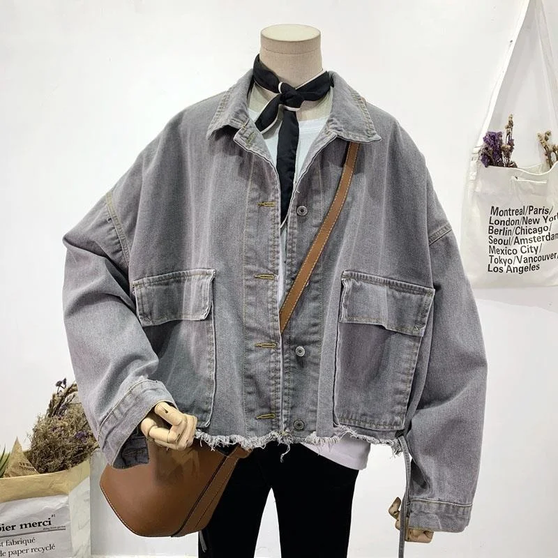 

Wenfly Women Basic Jackets Batwing Sleeve Outwear Popular Chic New Fur-lined Pockets Denim Harajuku Loose Womens Trendy