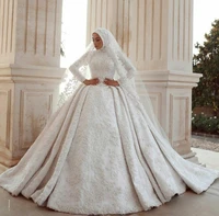 gorgeous muslim wedding dresses lace embroidery beads long sleeves vestidos de novia high neck ball gown wedding dress