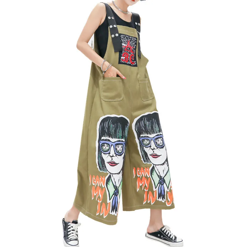 

Summer Cartoon graffiti Print Women Jumpsuit 2021 Sleeveless Strap Wide Leg Denim Jumpsuits Female Casual Bib Pants