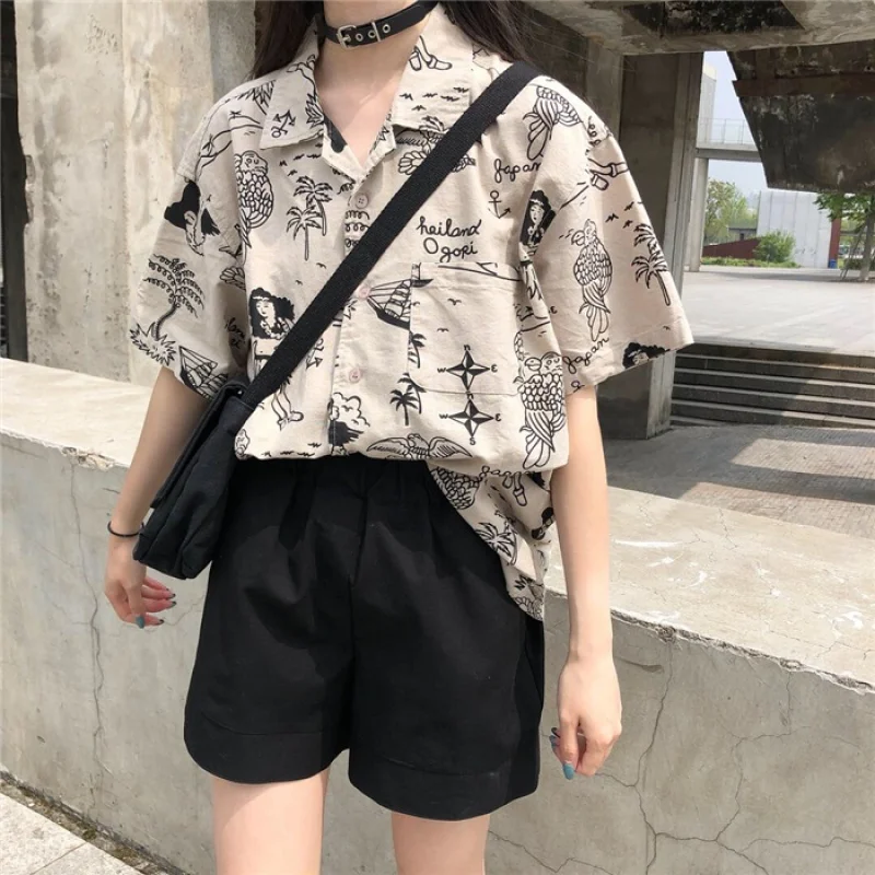Летняя свободная винтажная рубашка Ulzzang с коротким рукавом женские летние
