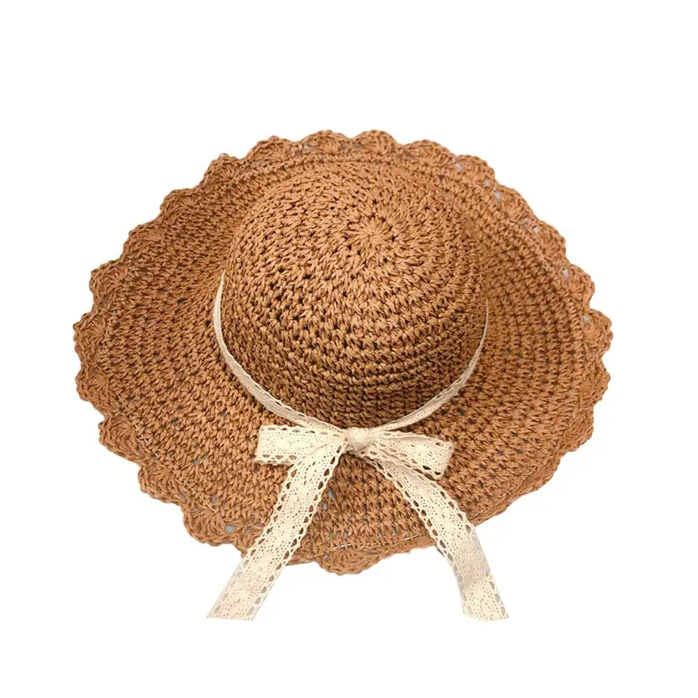 

Women Crochet Knit Straw Foldable Lace Ribbon Hat Sunscreen Beach Cap Sunhat