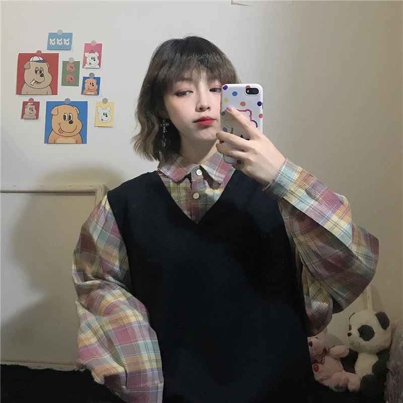 

Autumn loose Korean new college style stitching plaid fake two piece shirt women