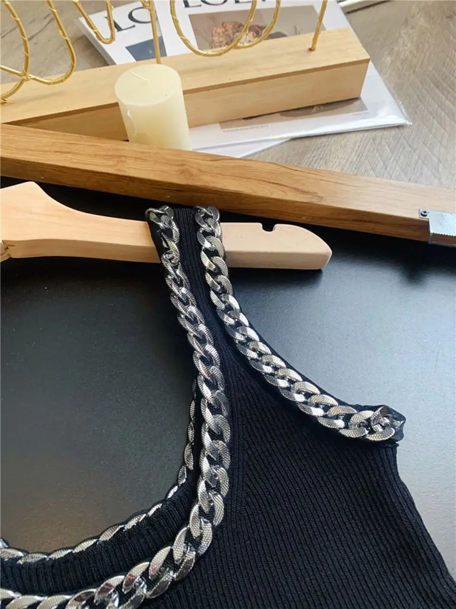 

Juice Snow 2021 New Spring And Summer Women Slim Knitting Dress With New Chain Square Neck Sling Black Asymmetric Knitted Dress