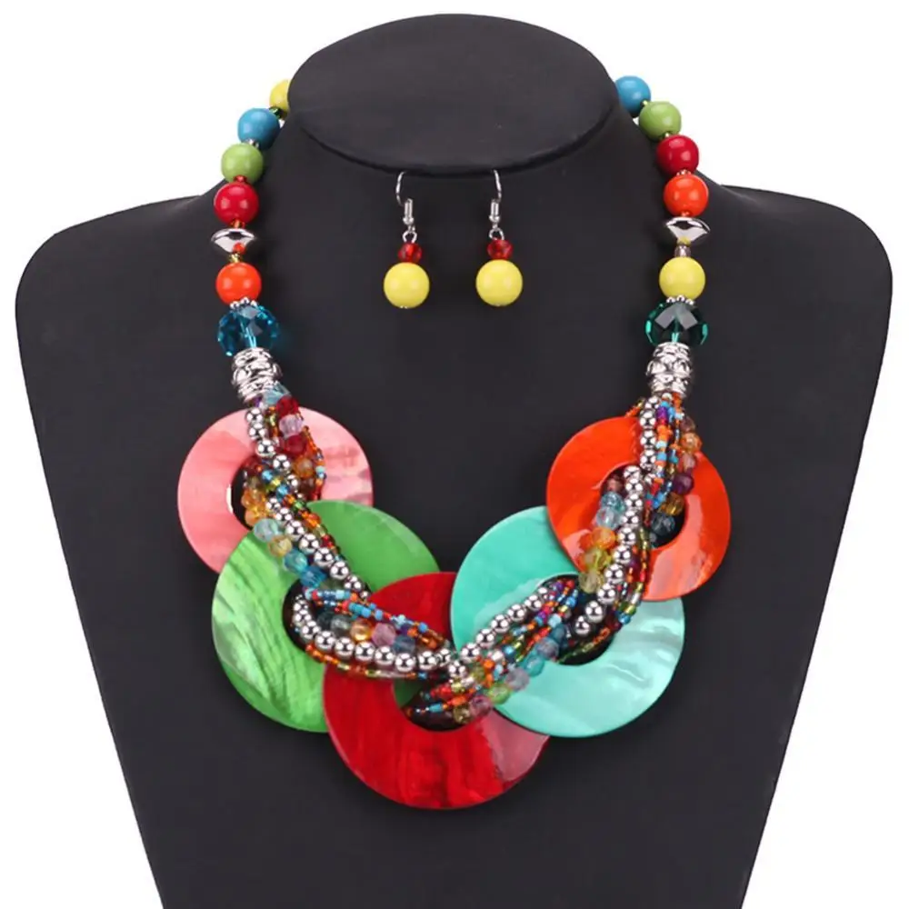 

Women Multicolor Shell Beads Bib Necklace Hook Earrings Statement Jewelry Set