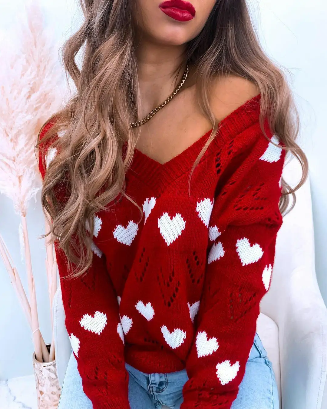 

Red Lovely Pattern Knitting Women Casual V Neck Strapless Hollow Ladies Sexy Sweater Loose Korean Fashion Tops Winter Pullover