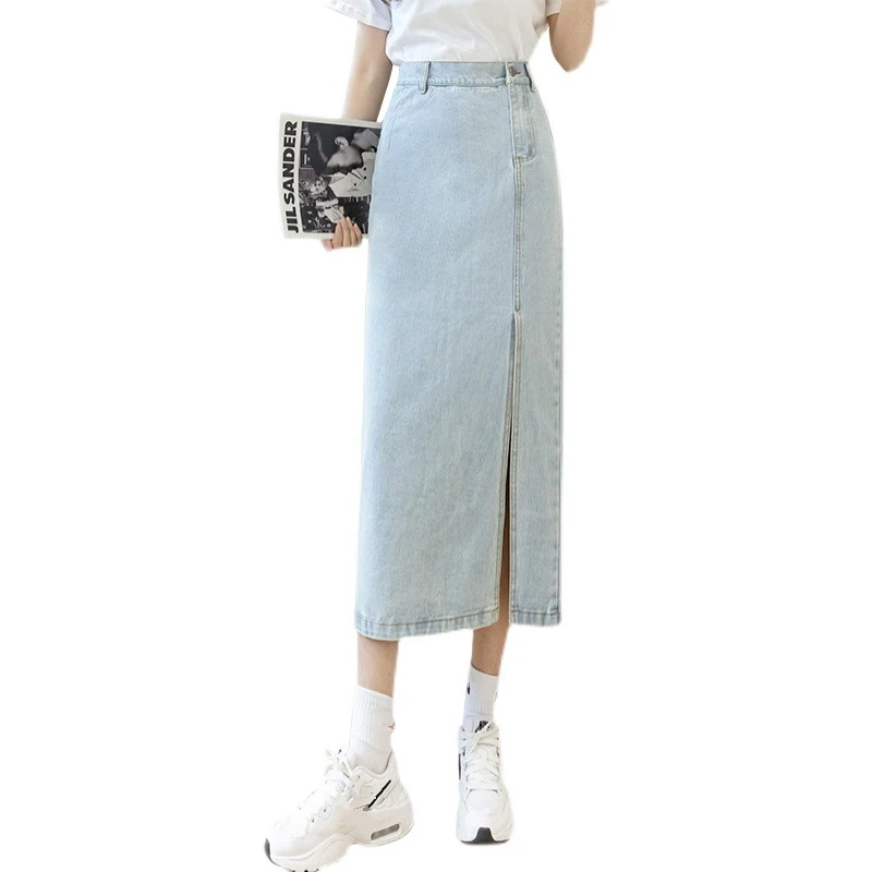 

Mid-length Sexy Jean Skirts Summer Korean Version A-line High Waist Light Blue Knee Split Denim Skirt for Young Women BSQ285