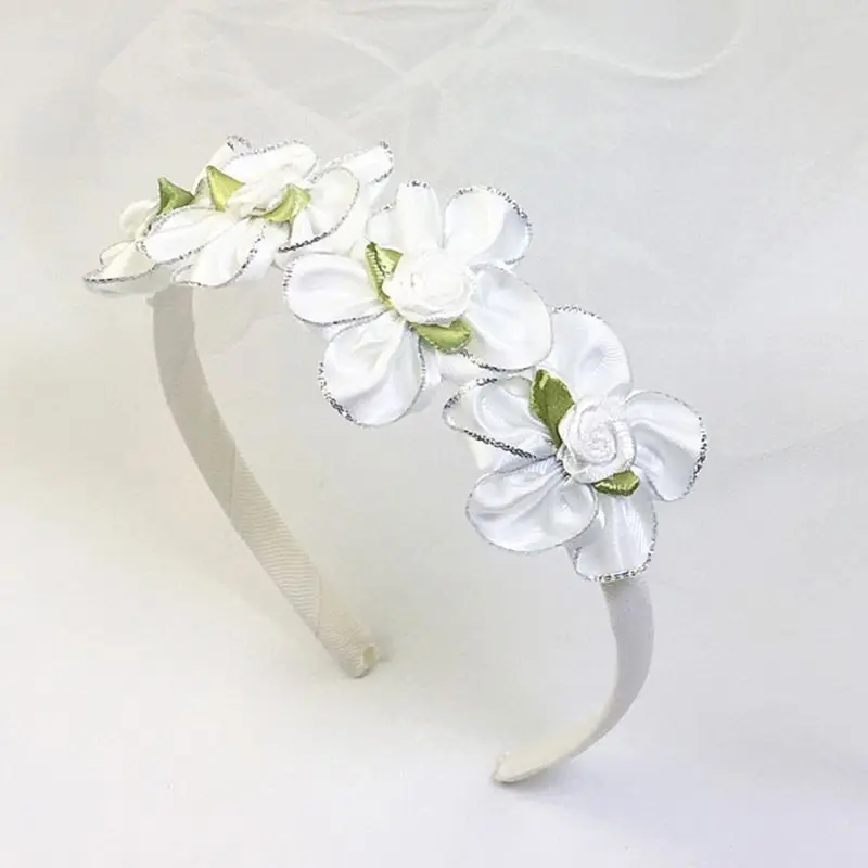 

Girls Wedding Agaric Mesh Veil Headband Glitter Powder Trim Artificial Flower Wreath Crown Hair Hoop First Communion Headband
