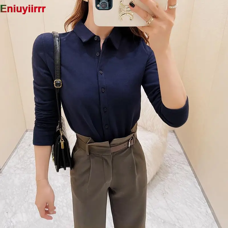 

Korea Chic Cotton Top Elegant Office Lady Temperament New Bodycon Sexy Work Retro Formal Navy Blue Single-Breasted Button Shirts