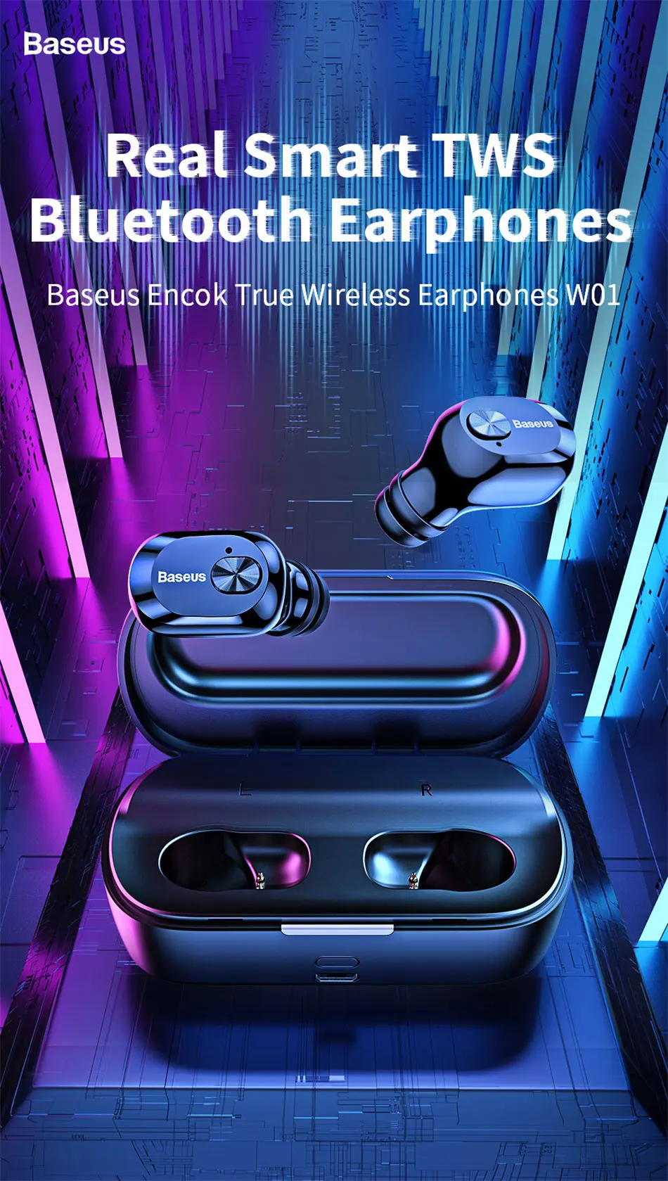 Baseus W01 TWS настоящие беспроводные блютуз наушники 5,0 умные Bluetooth Беспроводные наушники с микрофоном 6D стерео звук наушники для телефона