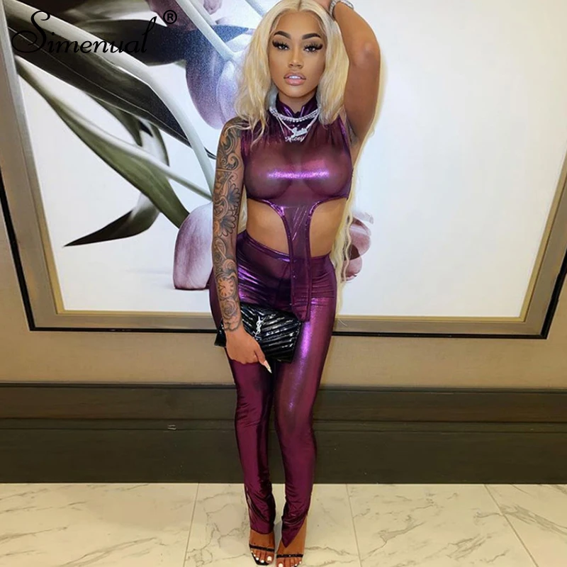 

Simenual Glitter Midnight Club Outfit For Women Sleeveless Two Piece Sets Purple Sexy Bodycon Tank Top And Pants Matching Set
