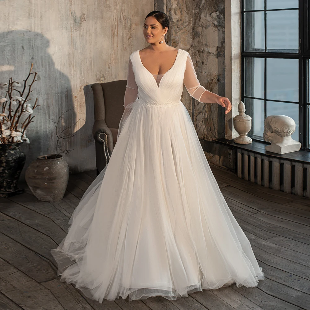 

Женское платье с глубоким V-образным вырезом, свадебные платья из Мягкого Тюля с рукавом-крылышком, три четверти, Плиссированные Свадебные п...