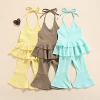 summer trendy sweet 2pcs toddler girl outfits sleeveless solid color halter tops elastic waist flare pants set