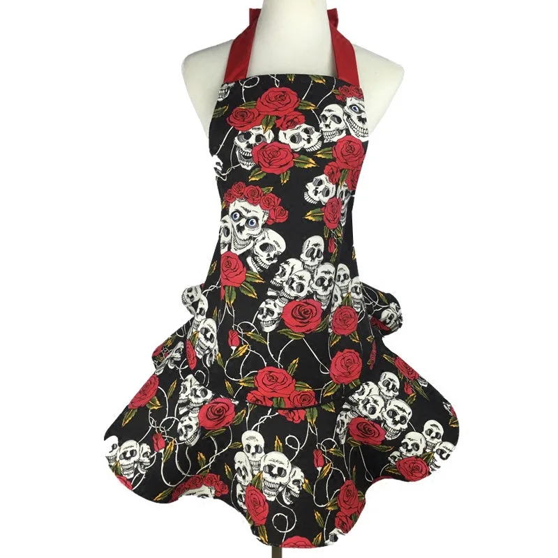 

Skull pattern Apron with Pocket girl's dress Sleeveless Bib cleaning cotton cooking avental cozinha baking accessorie