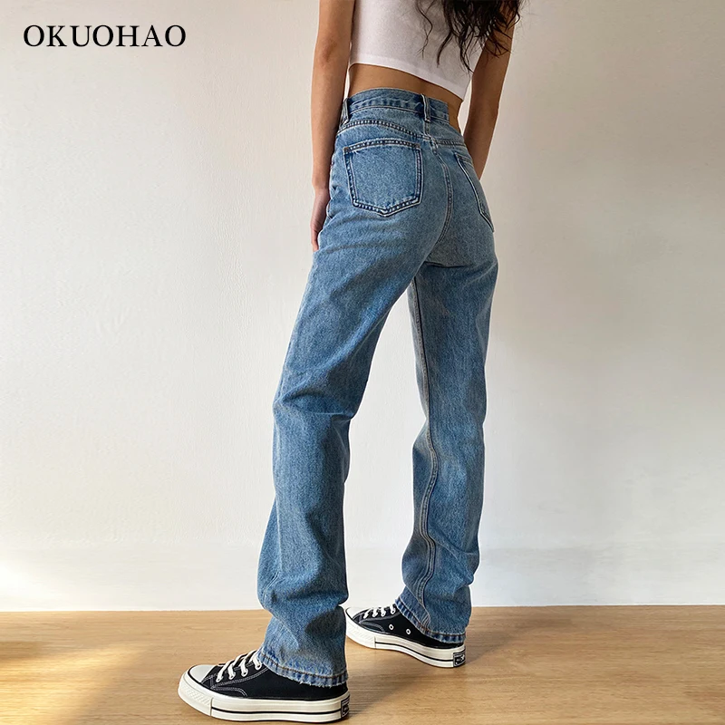 Джинсы для мамы прямые брюки потертые свободные с высокой талией размера плюс