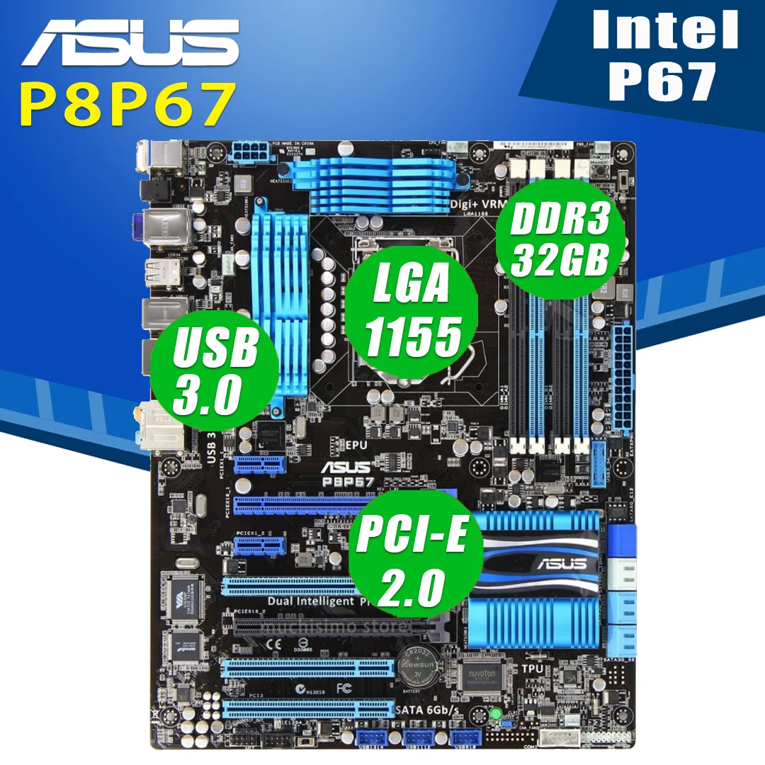 

Игровая Материнская плата Asus P8P67, LGA 1155, Core i7/Core i5/Core i3 DDR3 32 ГБ, PCI-E 2,0, USB2.0, опрокидывание, Intel P67, пластик 1155