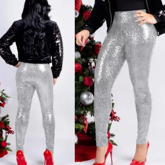 Женское розовое золото с пайетками Женские штаны зимние тонкие блестящие узкие