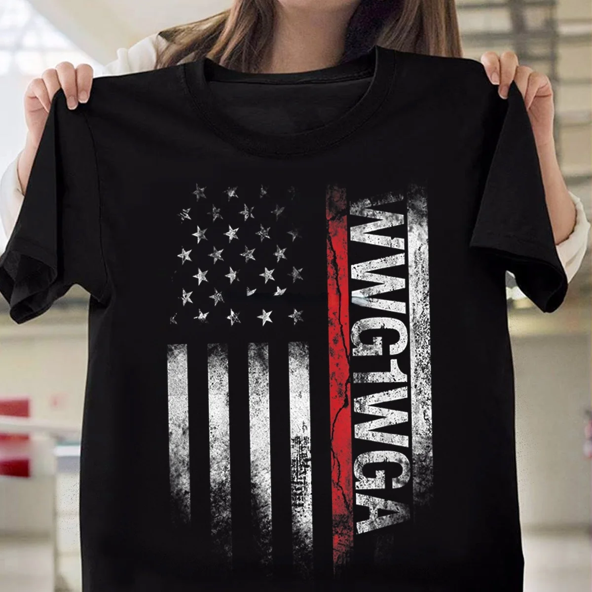 

Q Anon Wwg1Wga Where We Go One We Go All Qanon Us Flag Funny Gift Black T-Shirt