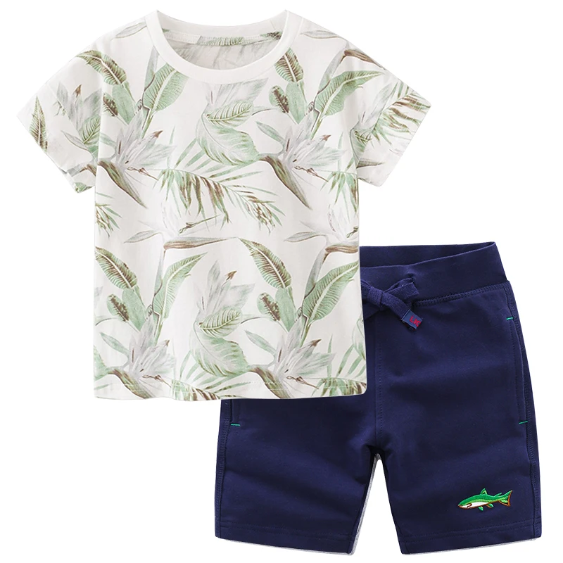 BINIDUCKLING Summer Child Outfits Leaf Printed Boys Kids Clothes Set Cotton Short Sleeve T-shirt+Short For Toddler Boy Clothing | Детская