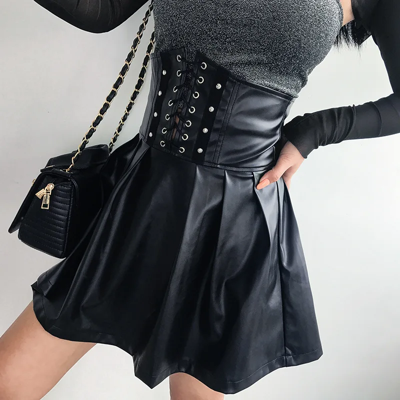 2020 Summer Party Leather Skirt Women's Gothic Skirt Harajuku Lace-Up Faux Leather Korean Fashion Black Mini Pleated Skirt lace up latex mini skirt