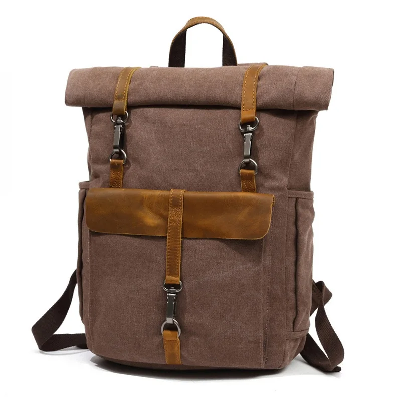 Casual Canvas Leather Backpacks Men Bag 14  Laptop Daypack Student Schoolbag Hot Sell Traveling Rucksacks Teenager Back Pack