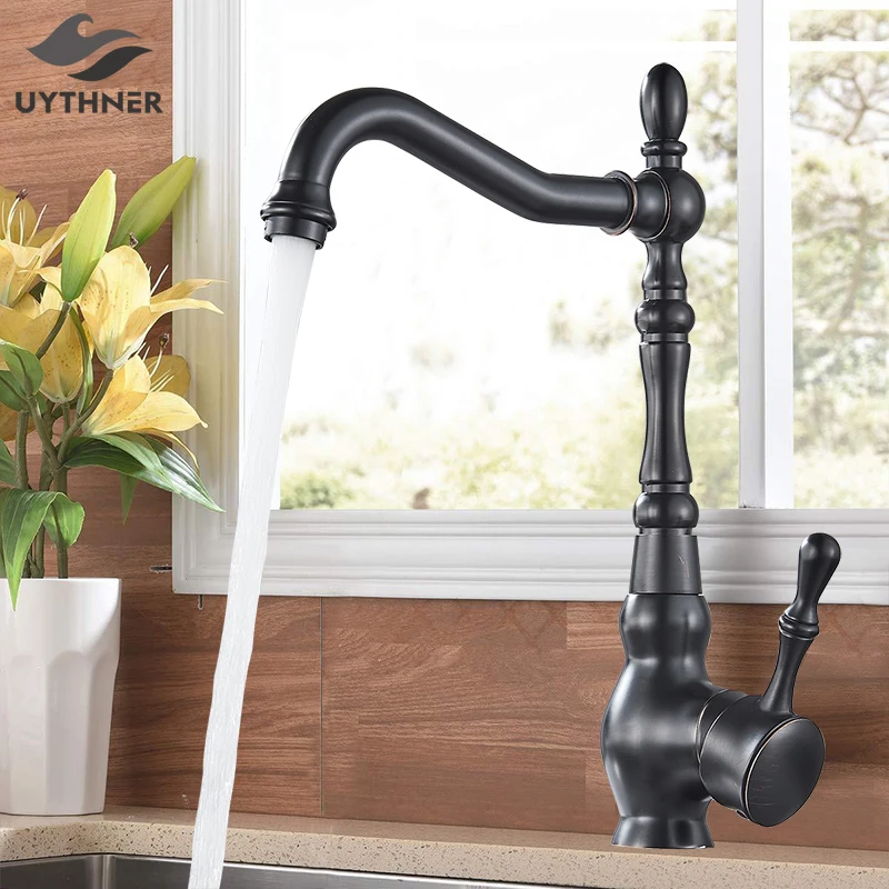 Смесители для кухонной раковины в стиле ретро, латунные, черные, бронзовые, с одной ручкой, смесители для кухонной раковины, на бортике, смеситель для горячей и холодной воды