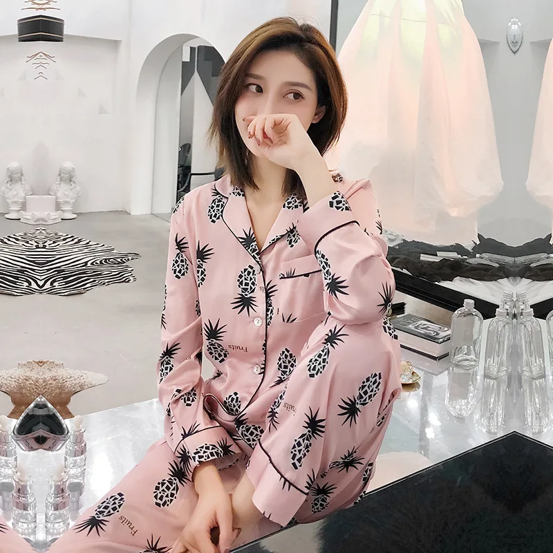 

Ladies Silk Pajamas Pineapple Print Pink Satin Pajama Set Women Sleepwear Set Spring Autumn Home Wear