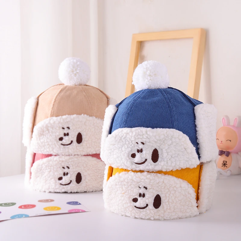 

New Winter Hat Kids Ear Protection Lei Feng Hat Cute Puppy Embroidered Lamb Wool Warm Hat Boys and Girls Hats