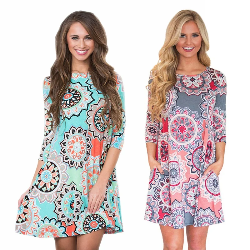 

Vintage Dress Women O-Neck 3/4 Sleeve Floral Print Midi Dresses Women Casual Beach Boho Dress