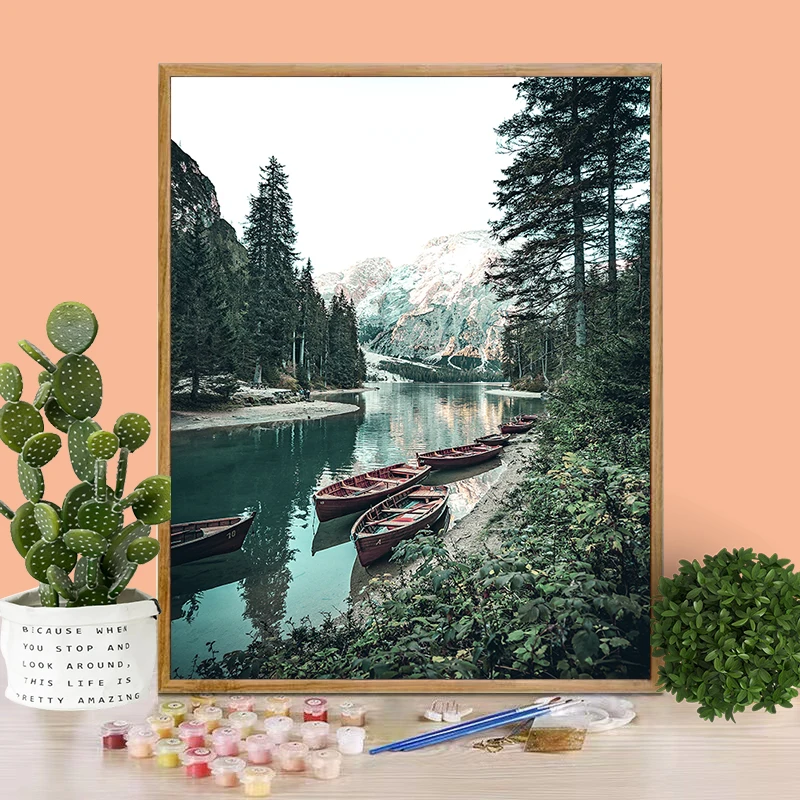 

CHENISTORY Oil Painting By Number Mountain Tree Scenery Drawing On Canvas DIY Pictures By Numbers Lake Kits Home Decor