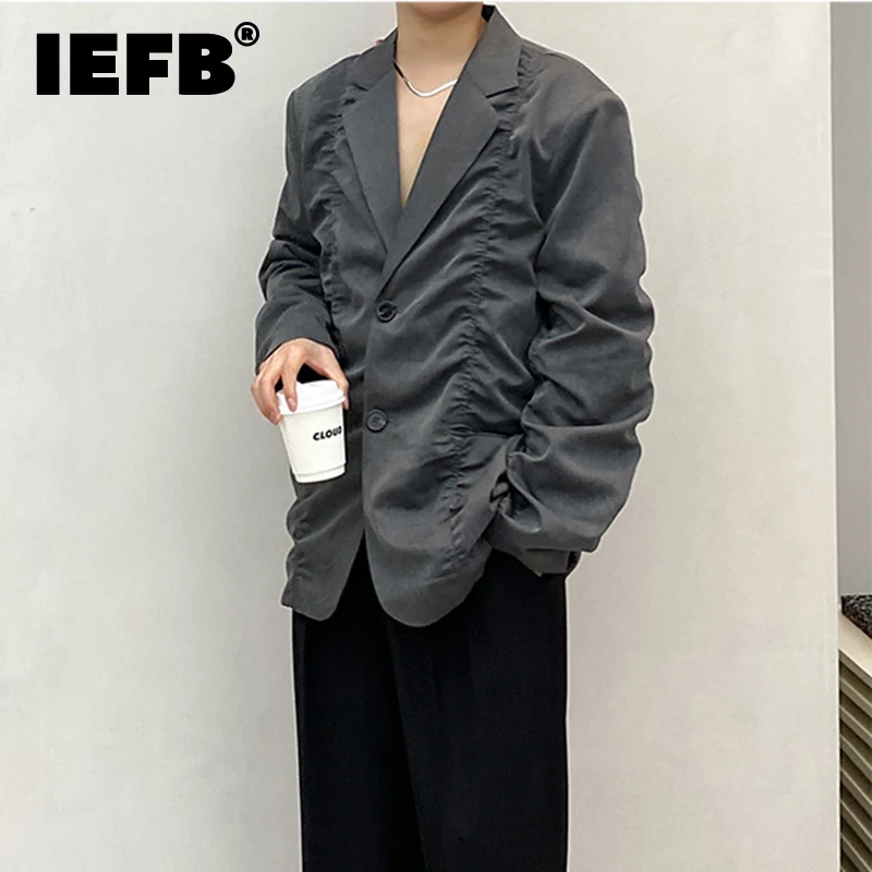 

IEFB men's wear autumn solid color pleated design Korean casual suit coat black grey single breasted long sleeve blazer chic