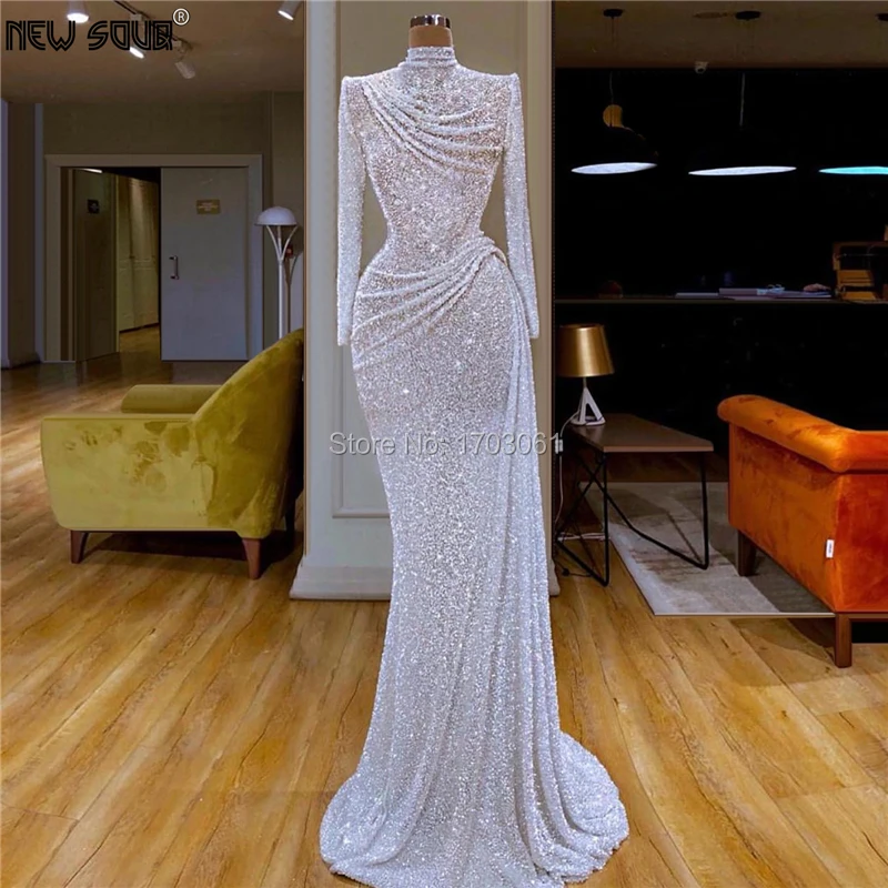 

Robe De Soiree White Beaded Evening Party Gowns For Turkish Abendkleider High Mermaid Prom Dress Pageant Gown 2020 Dubai Arabic