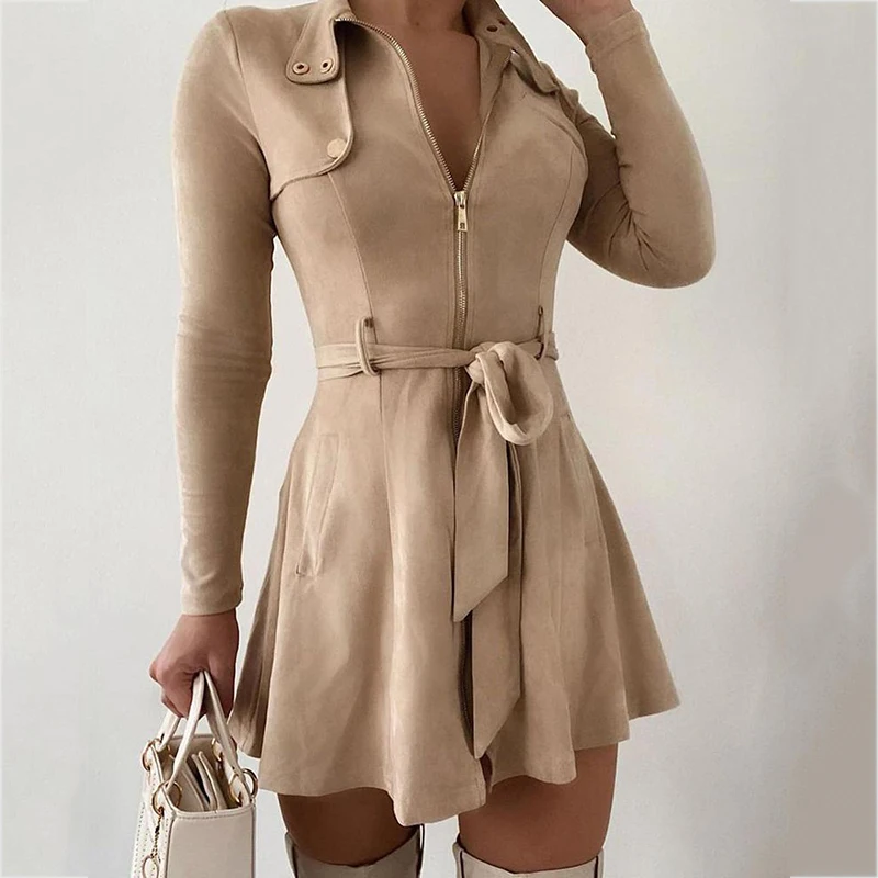 

Women Apricot Long-Sleeve Dress Suede Bandage High Waist Belt Winter Autumn Slim Pocket Female Party Vestidos Bodycon SJ7360C