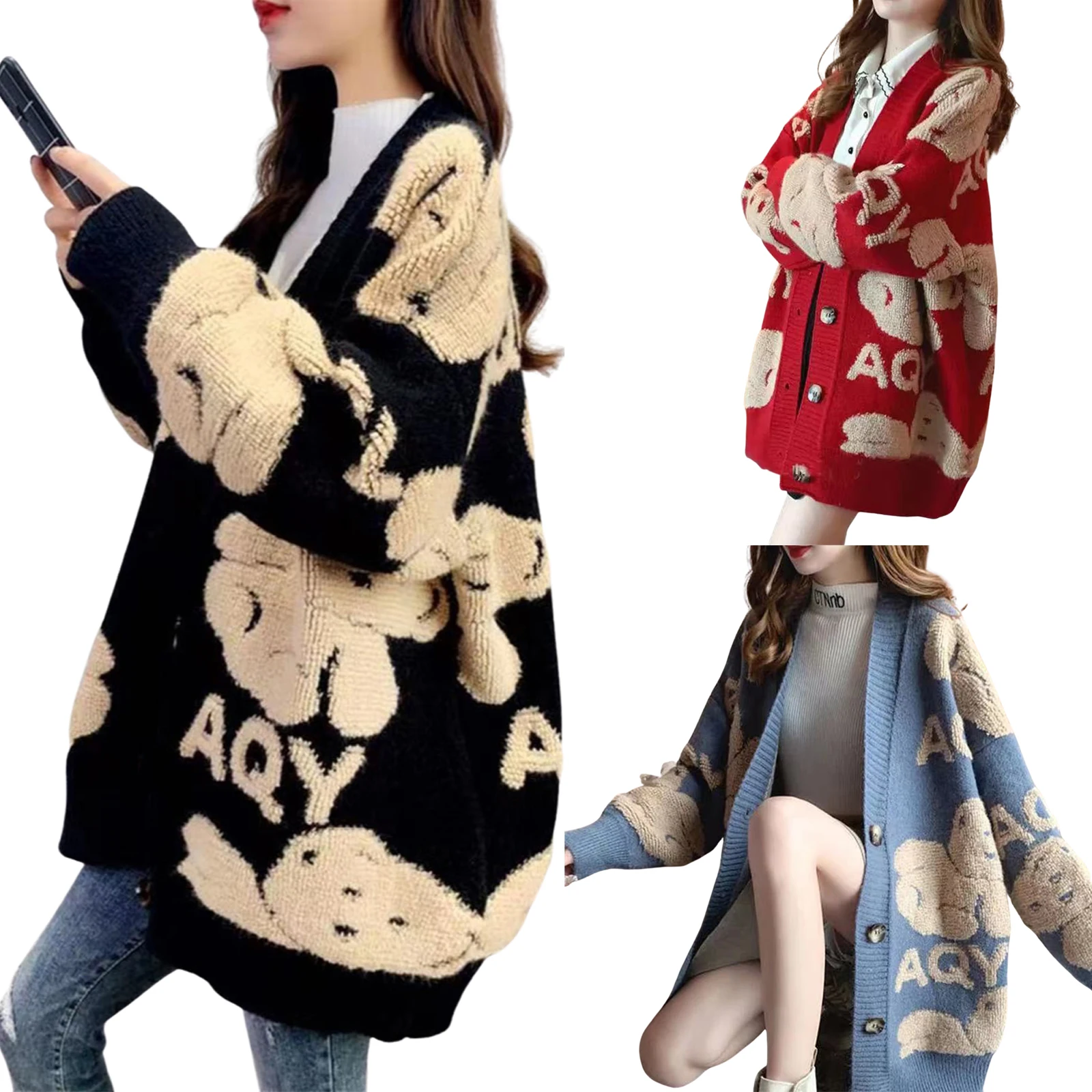 

2021 Women’s Button Down Sweater, Casual Long Sleeve V Neck Bear Letter Pattern Knit Cardigan