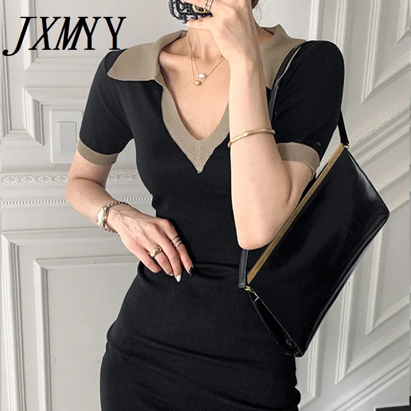 

JXMYY 2021 модный новый продукт тонкое ледяное шелковое вязаное платье с лацканами подходящее ко всему короткая юбка с тонкой талией