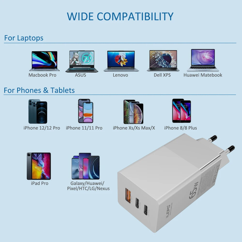 

ILEPO GaN PD Charger 65W Mini Quick Charger For Notebook Laptop SCP FCP PD3.0 QC3.0 5A Fast Charging For Xiaomi10 US Charger