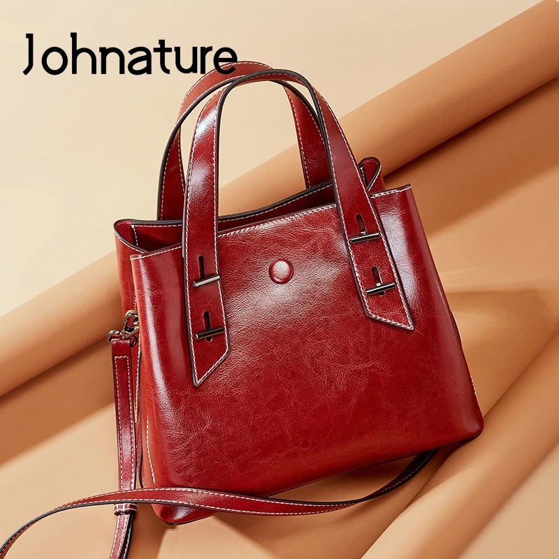 Женские сумки из воловьей кожи Johnature вместительные однотонные через плечо модная