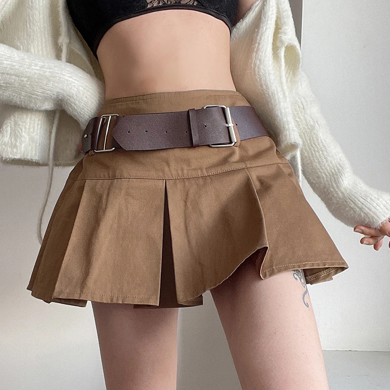 

Preppy Style Pleated Mini Skirt With Shorts Sexy Sashes High Waisted Cotton Skirts 2021 New Fashion Y2K Aesthetic Korean