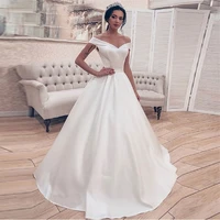 simple elegant white ivory satin princess wedding dress a line corset off shoulder bridal gown long vestidos de novia 2022